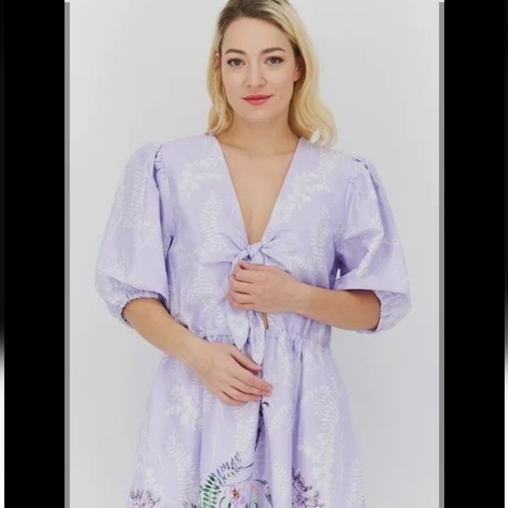 I.N.C. Floral Lavender Dress with Tie Front Size L 100% Cotton - Picture 3 of 16